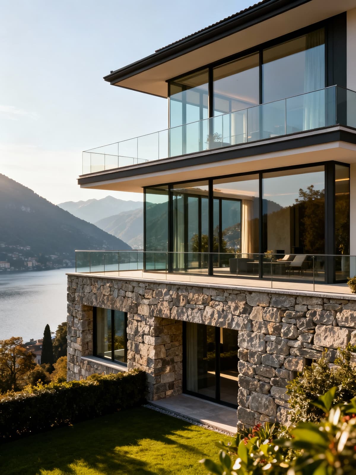 Ville di lusso a Como immerse in paesaggi incantevoli, con eleganti facciate di vetro e pietra illuminate dalla luce mattutina.