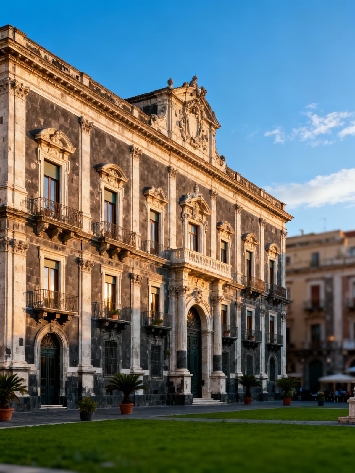 Historic buildings and prestigious residences in Catania's baroque heart, featuring lava stone under a serene afternoon sky.