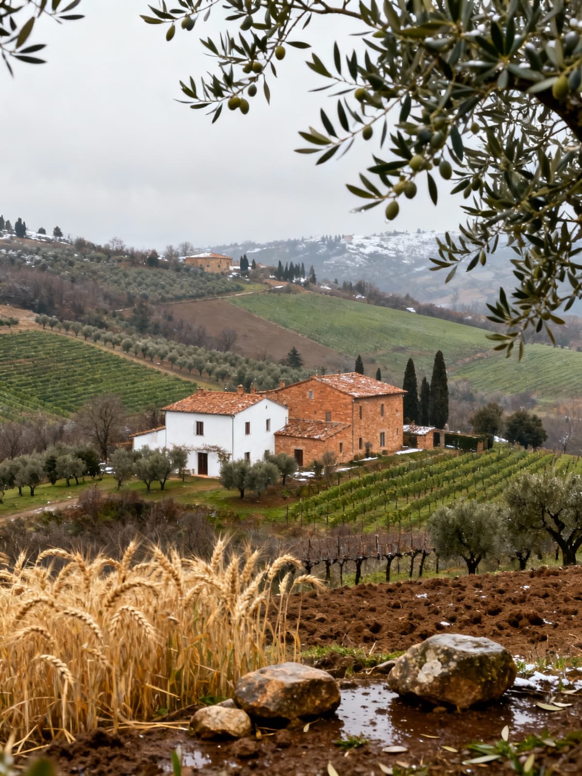 Charming agriturismos nestled among the gentle hills of Arezzo, surrounded by vineyards and olive groves in soft winter light.