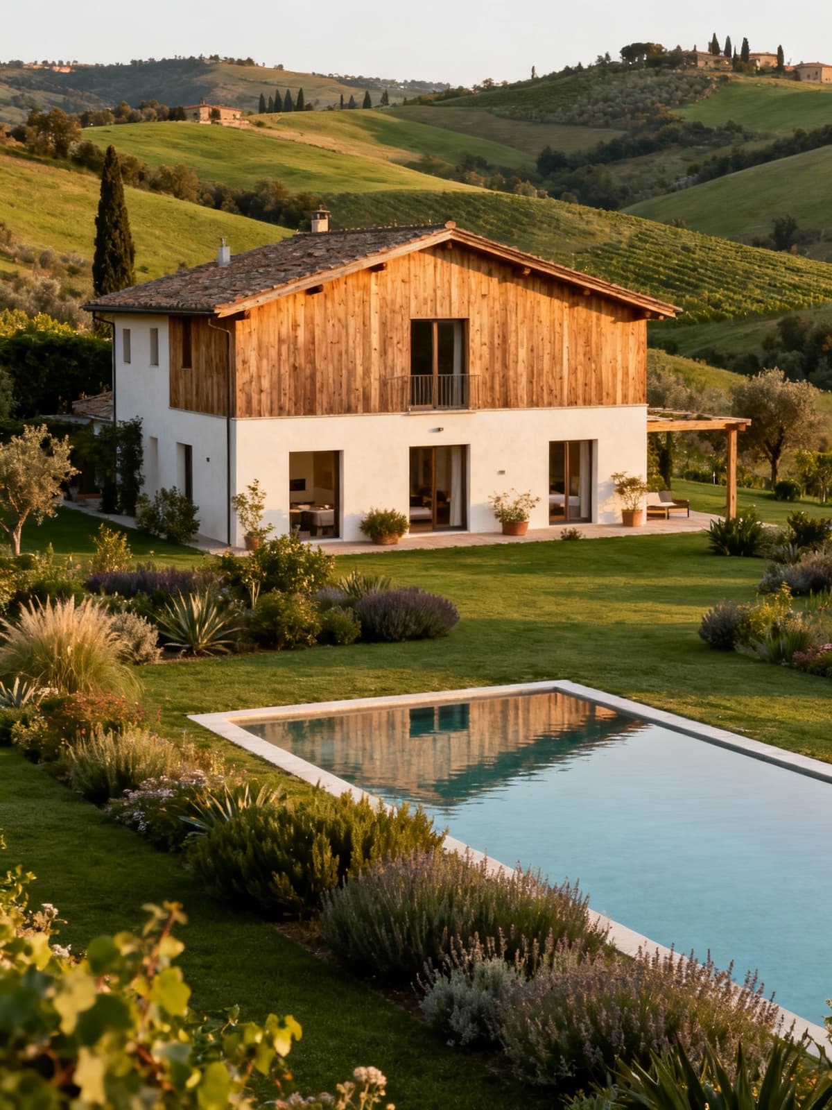 Charming independent house in the Tuscan countryside, surrounded by native plants and an infinity pool, bathed in warm afternoon light.