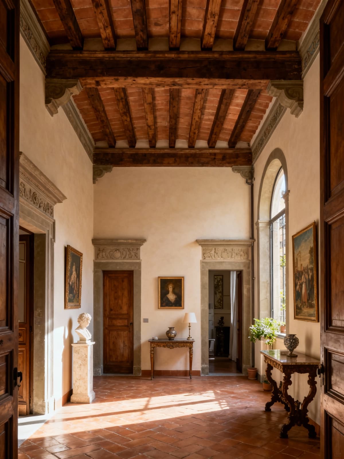 Elegant terraced house in historic Florence, showcasing Renaissance architecture, wooden beams, and terracotta floors bathed in morning light.