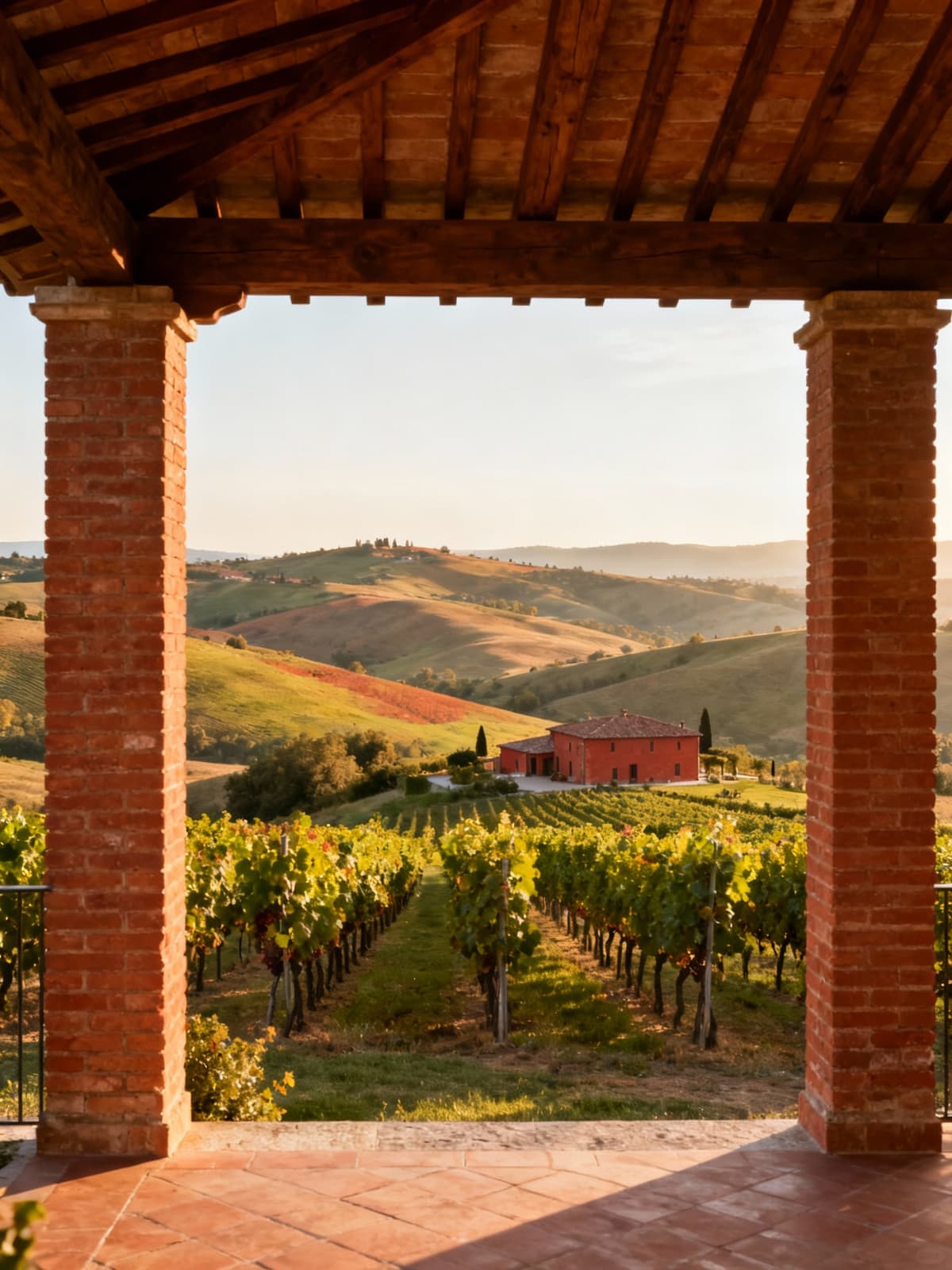 Stunning luxury farmhouse among Maremma hills, surrounded by vibrant vineyards and bathed in soft morning light.