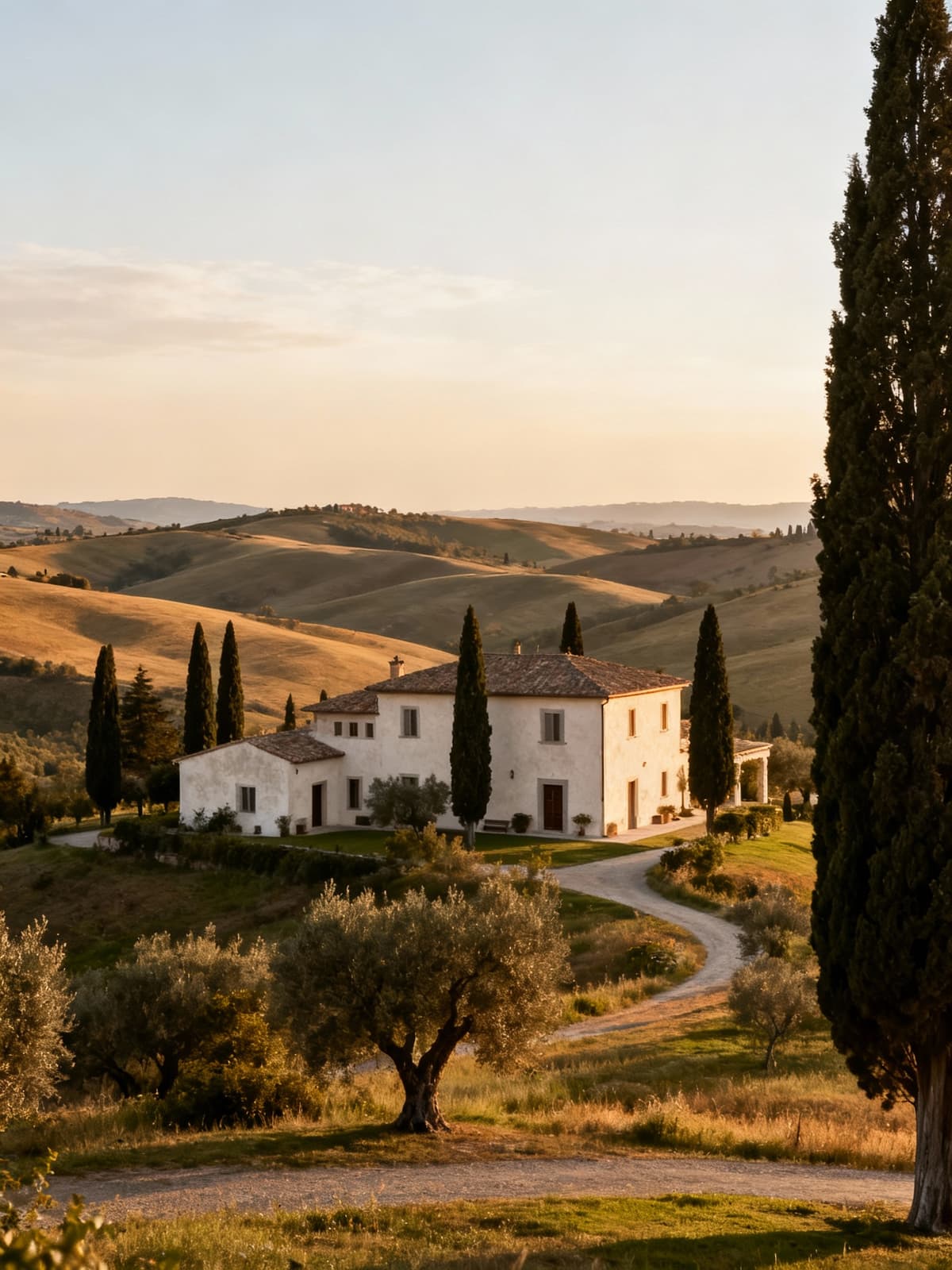 Agriturismo affascinante nelle colline pisane, circondato da cipressi e natura, con cielo sereno e intonaco chiaro.