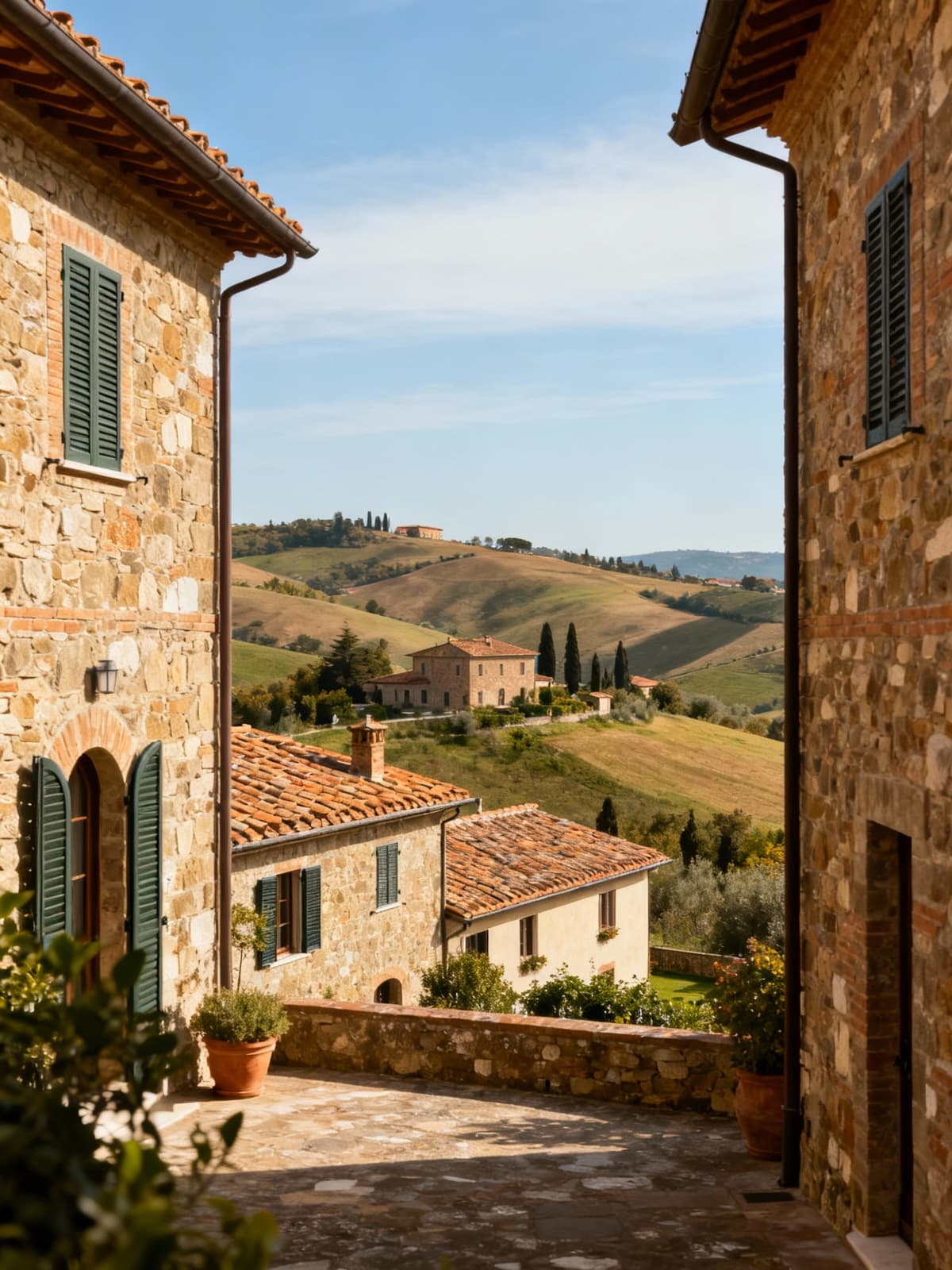 Rustic and elegant villas in the Tuscan countryside near Prato, showcasing stone and terracotta architecture against gentle hills.
