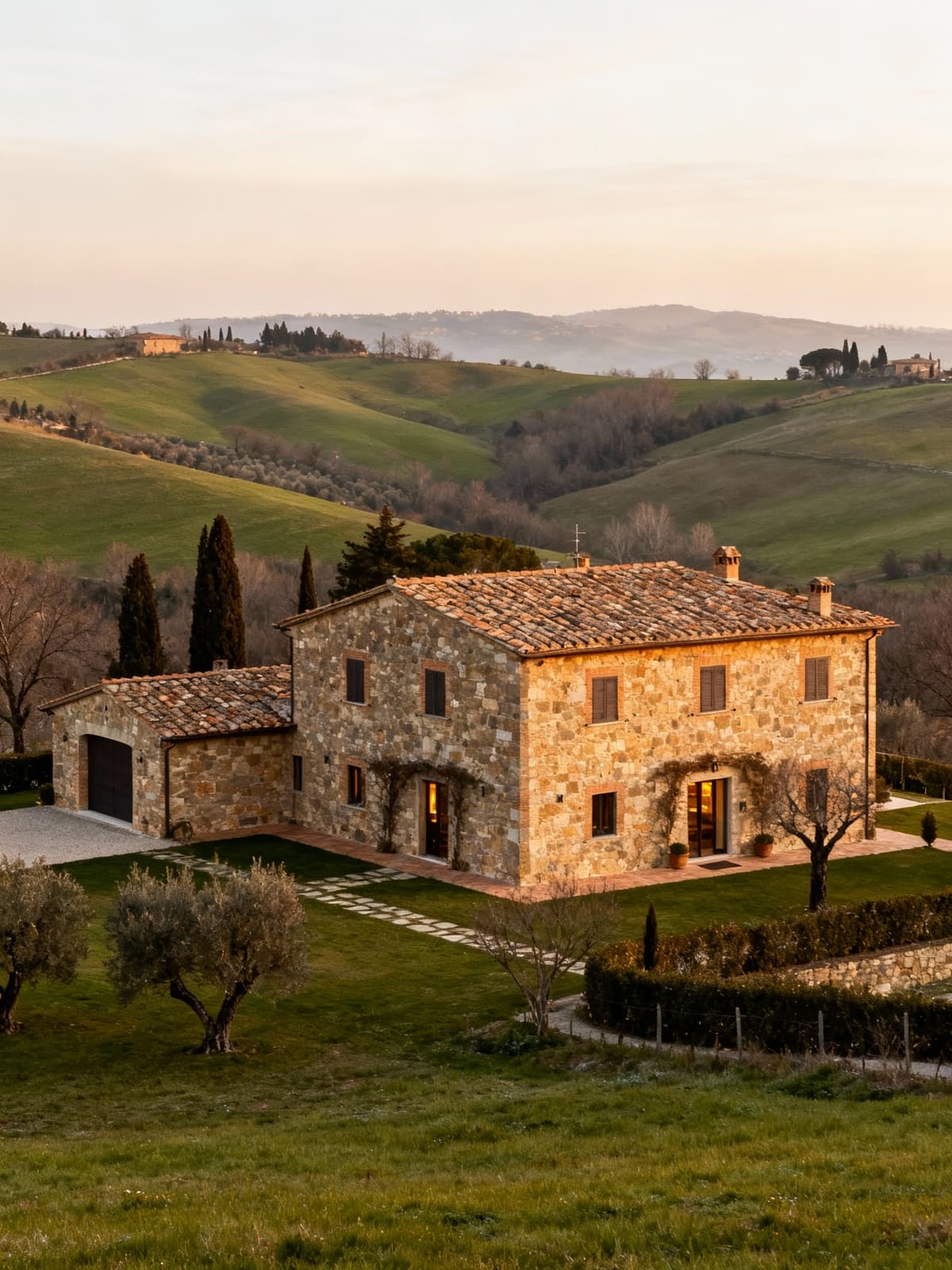Charming luxury agriturismo in the Tuscan countryside, surrounded by green hills and rustic traditions in soft winter light.