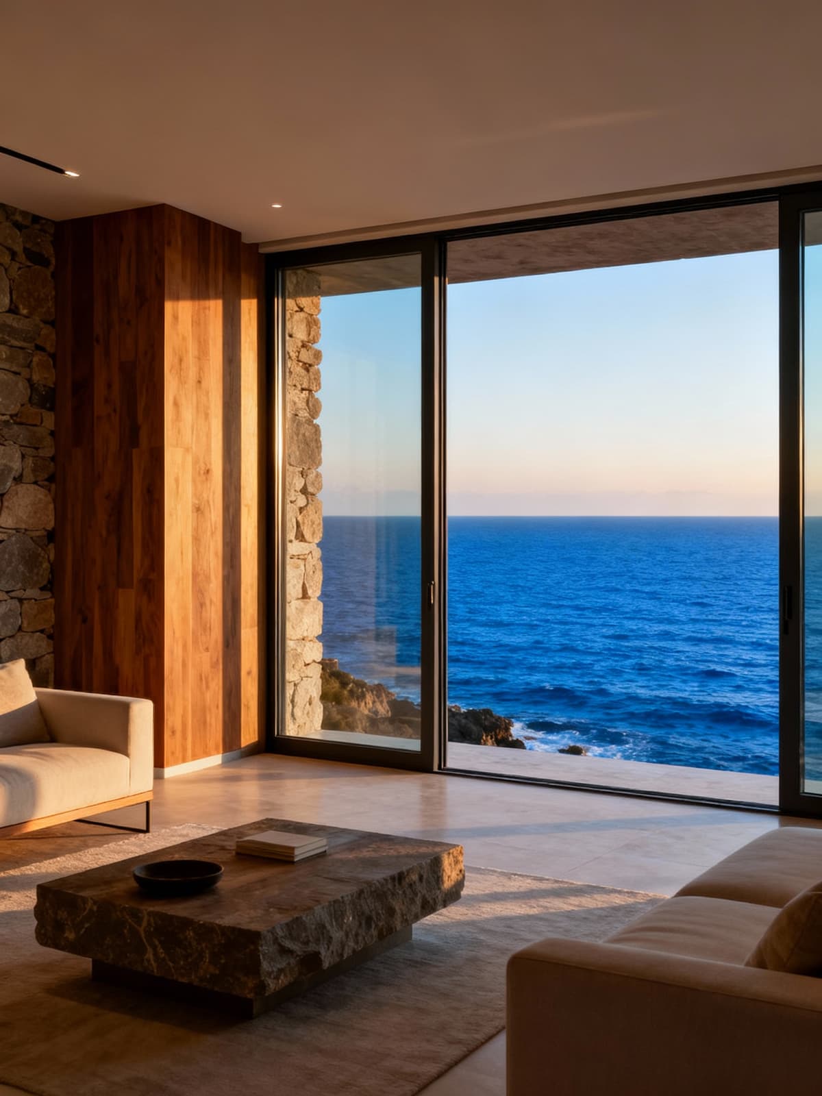 Exclusive seafront apartment on the Livorno coast, featuring large glass windows and luxurious materials, bathed in warm afternoon light.