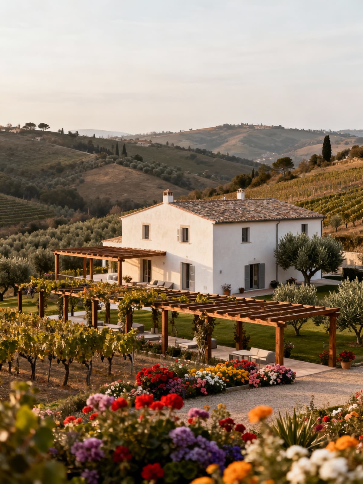 Agriturismo di lusso tra colline livornesi, circondato da vigneti e oliveti, illuminato da luce invernale morbida.