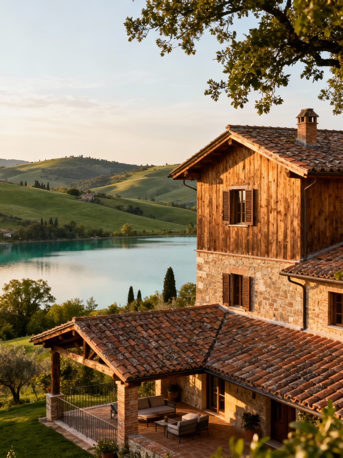 Luxury agritourisms nestled between Umbria's lakes and Perugia's hills, featuring rustic wooden and terracotta structures.
