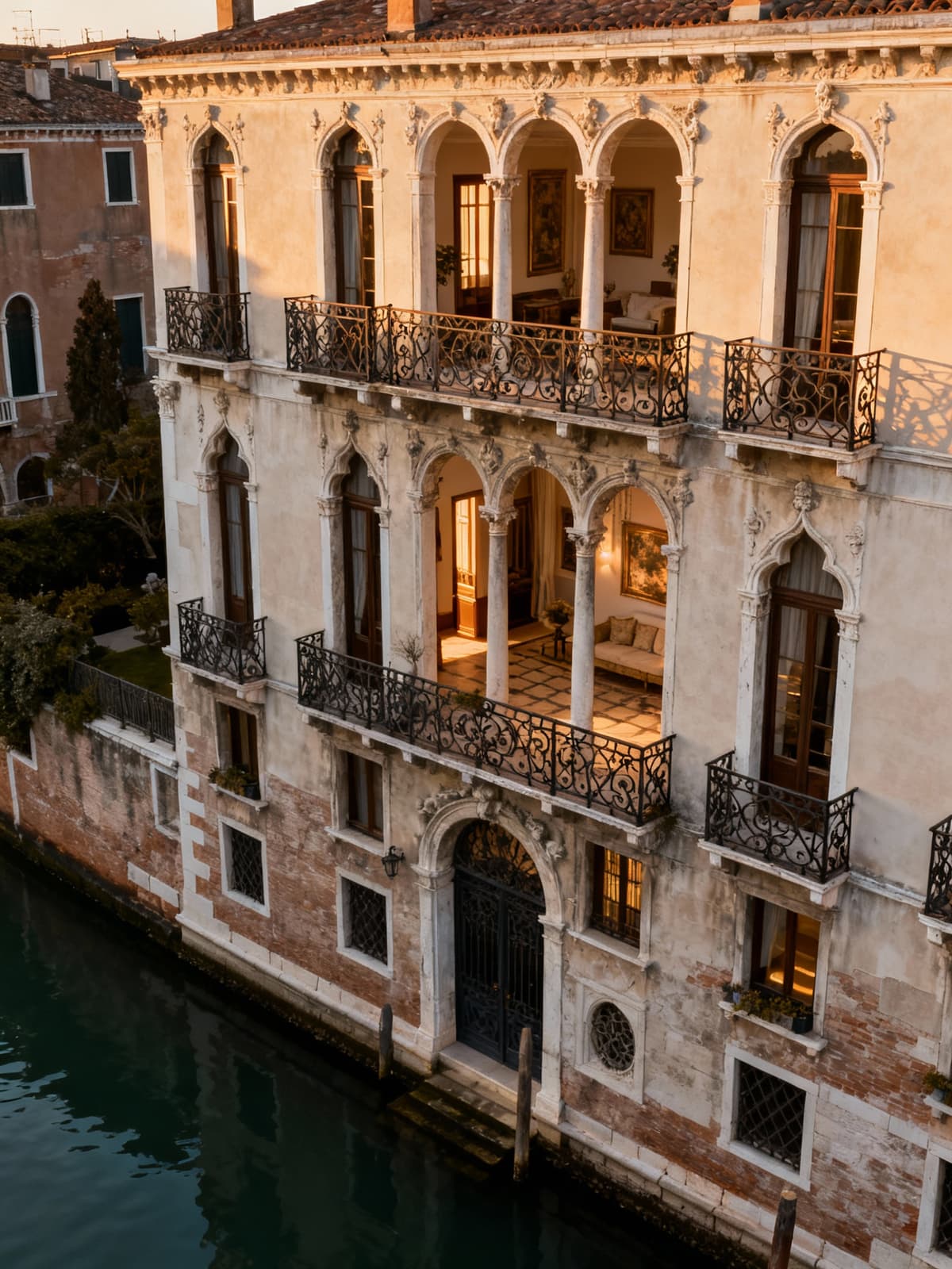 Historic villa in Venice overlooking a tranquil canal, featuring ornate facades and wrought-iron balconies bathed in warm afternoon light.