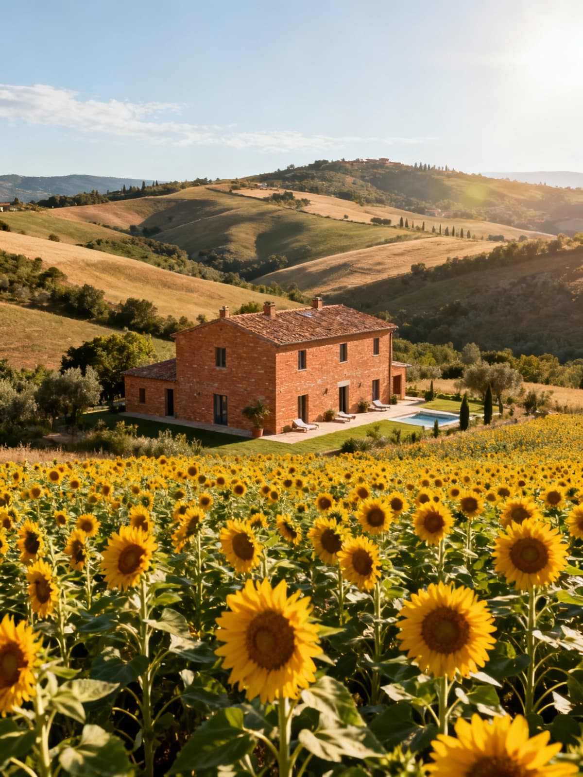 Rustic farmhouses amid the gentle hills of Livorno, showcasing sunlit sunflower fields and stunning Tuscan landscapes.