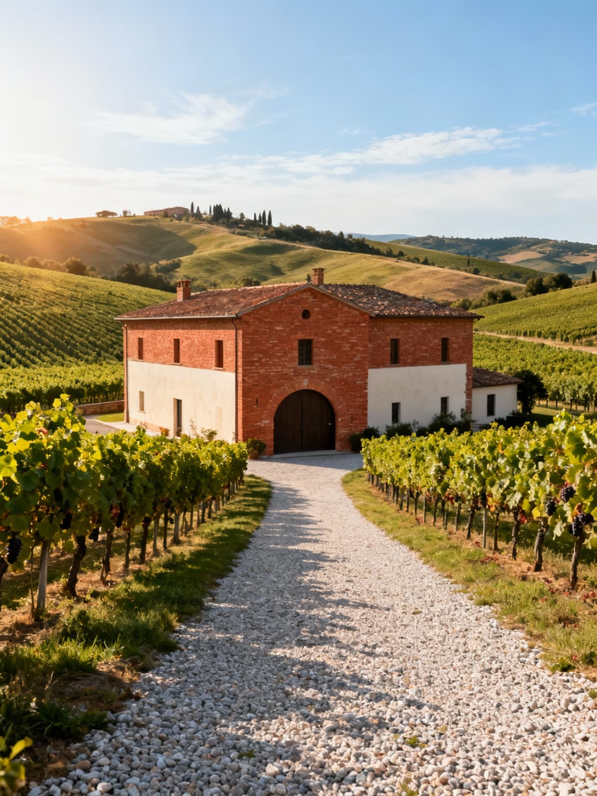 Prestigious vineyard estate nestled in the lush Tuscan hills of Livorno, featuring vibrant nature and a serene sky.
