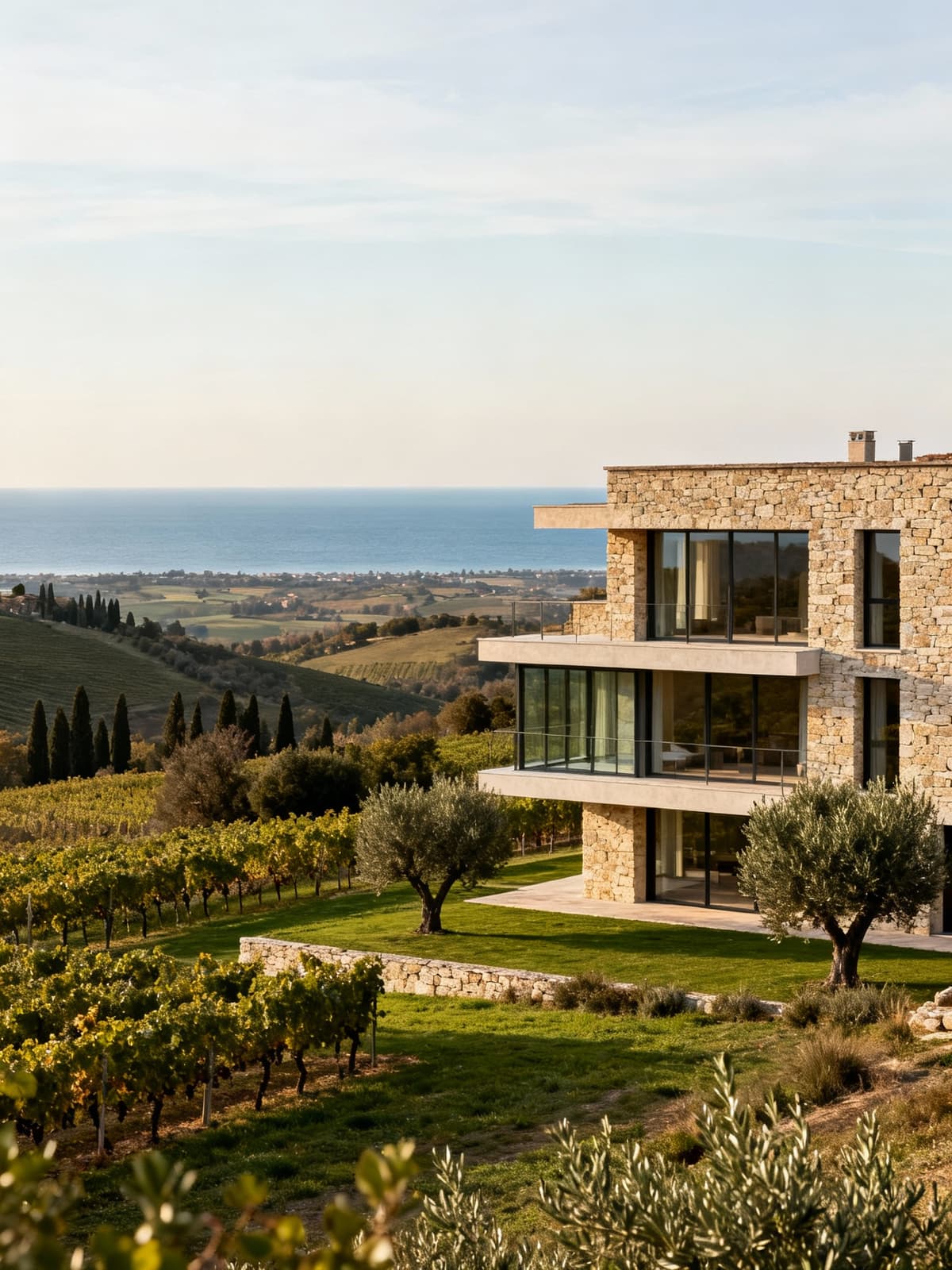 Appartamenti di lusso tra colline del Collio e Mare Adriatico, con facciata in pietra armoniosa e vetrate panoramiche.