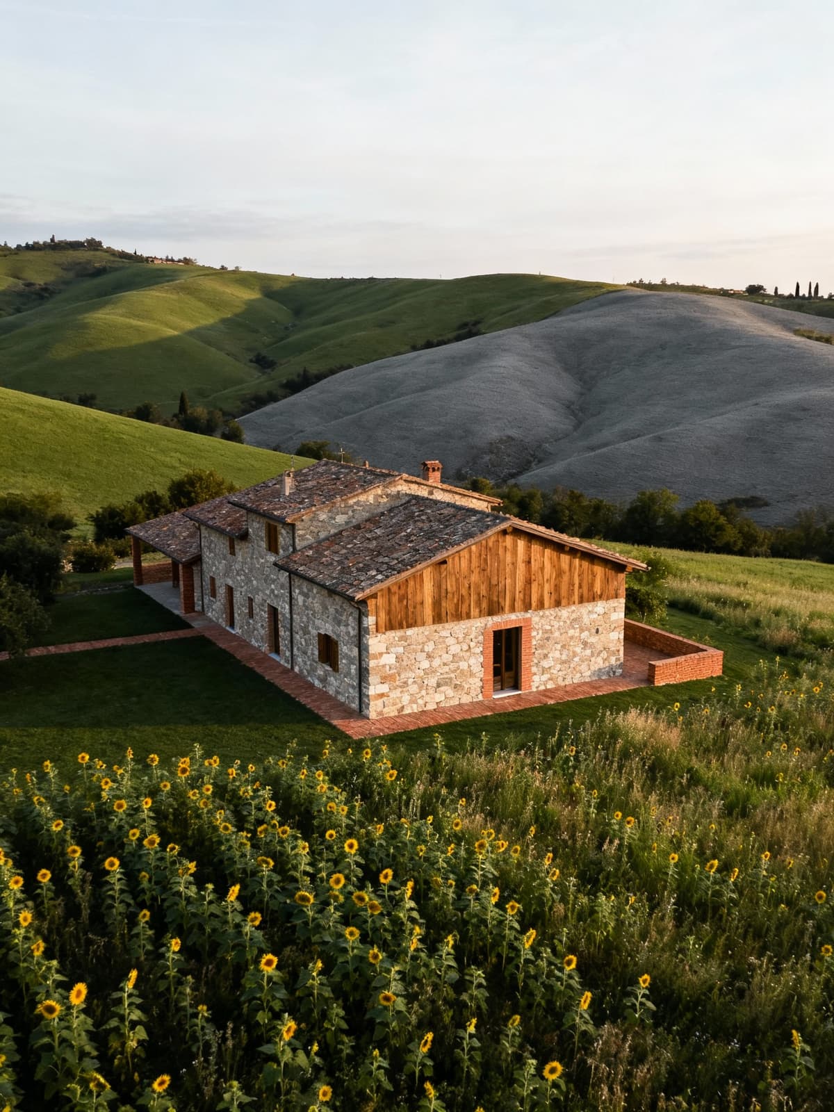 Luxury estates nestled in the lush hills of Friuli-Venezia Giulia, featuring rustic stone and wood facades, surrounded by wild sunflowers.