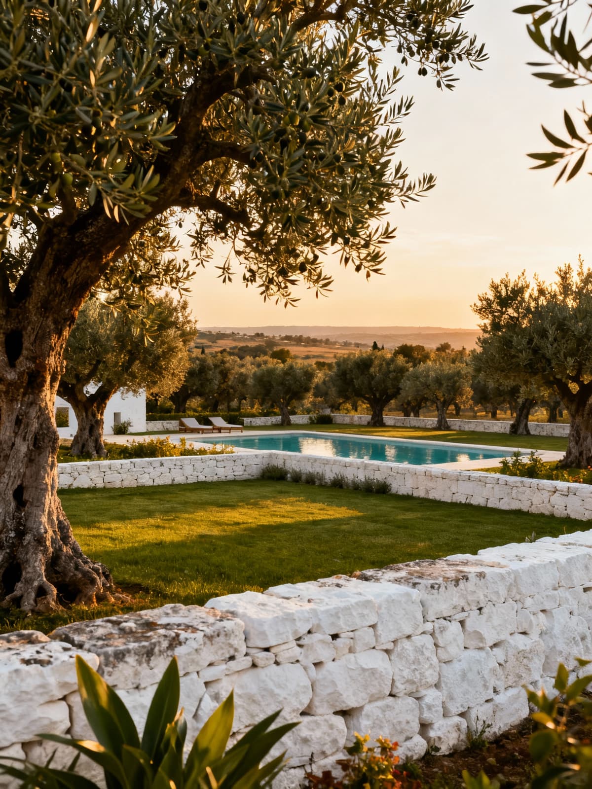 Masserie di lusso tra uliveti secolari in Puglia, con giardini, piscine e luce dorata del tardo pomeriggio.