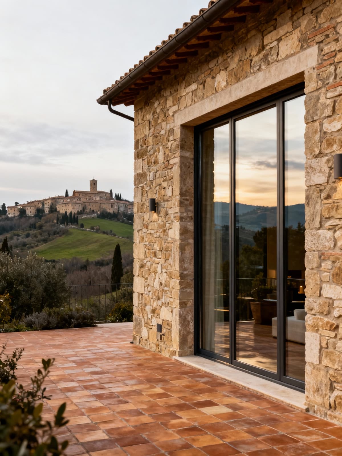 Elegante albergo di lusso in Umbria, circondato dal verde, con facciata in pietra e vista su colline e borgo medievale.