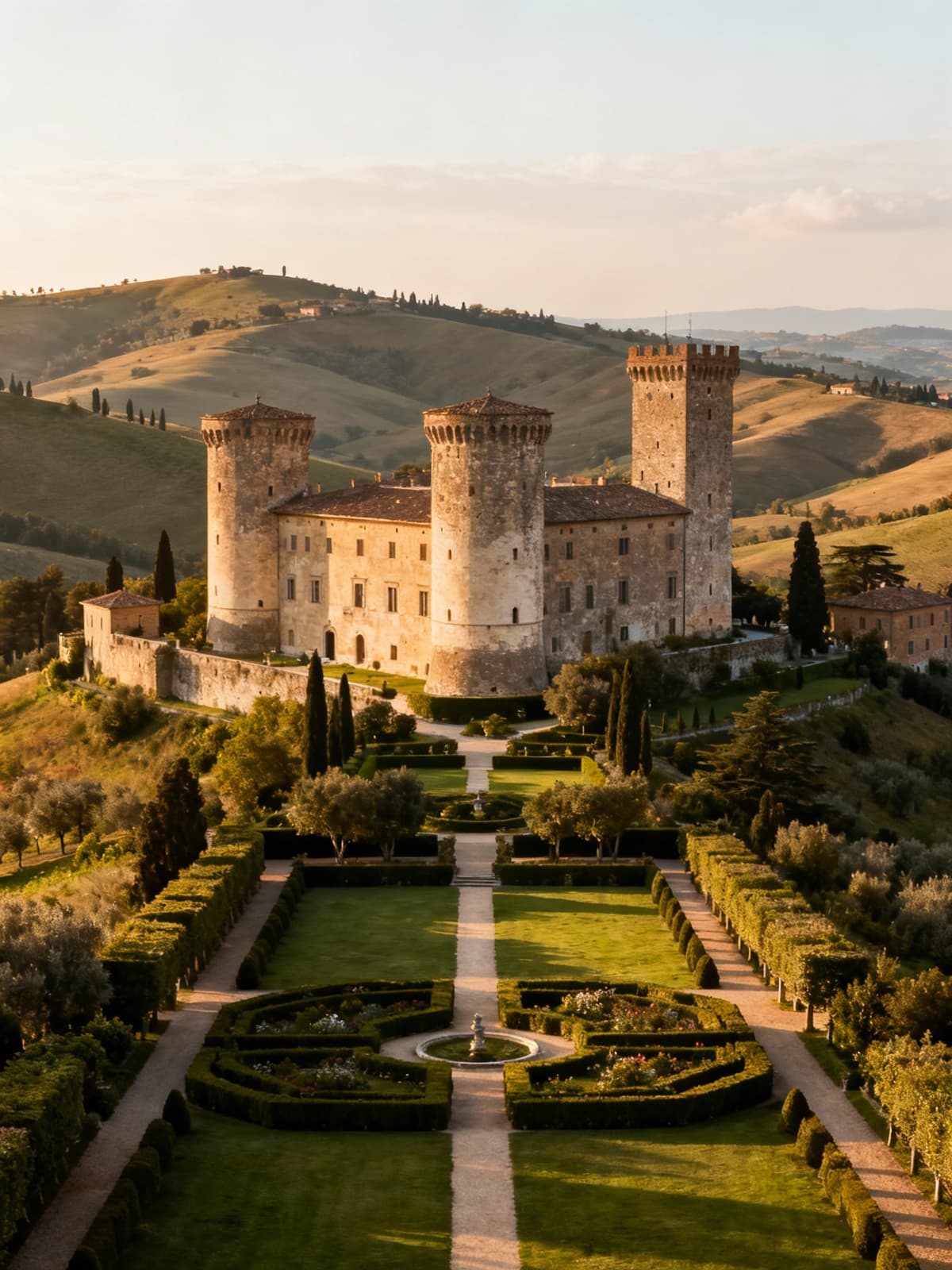 Castelli storici svettano tra colline toscane, illuminati dalla luce del mattino, con giardini all'italiana.