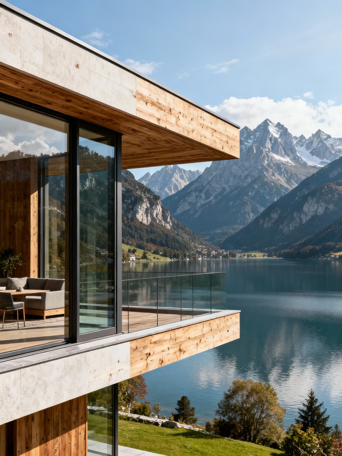 Scenic luxury villas overlooking an alpine lake in Trentino-Alto Adige, nestled amidst majestic peaks and modern design.