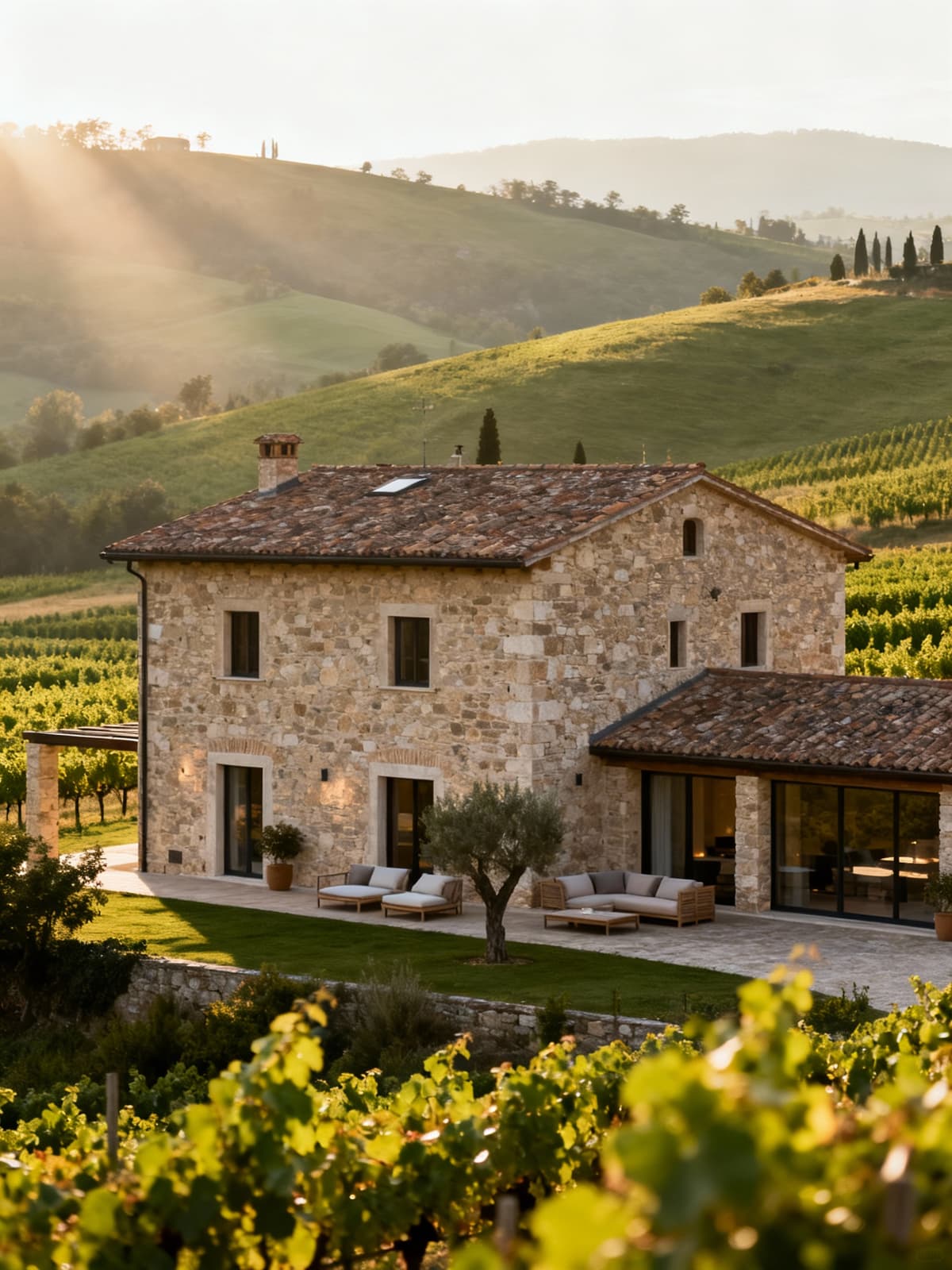 Casale di charme nella campagna friulana, circondato da colline verdi e vigneti, con dettagli rustici e comfort moderni.