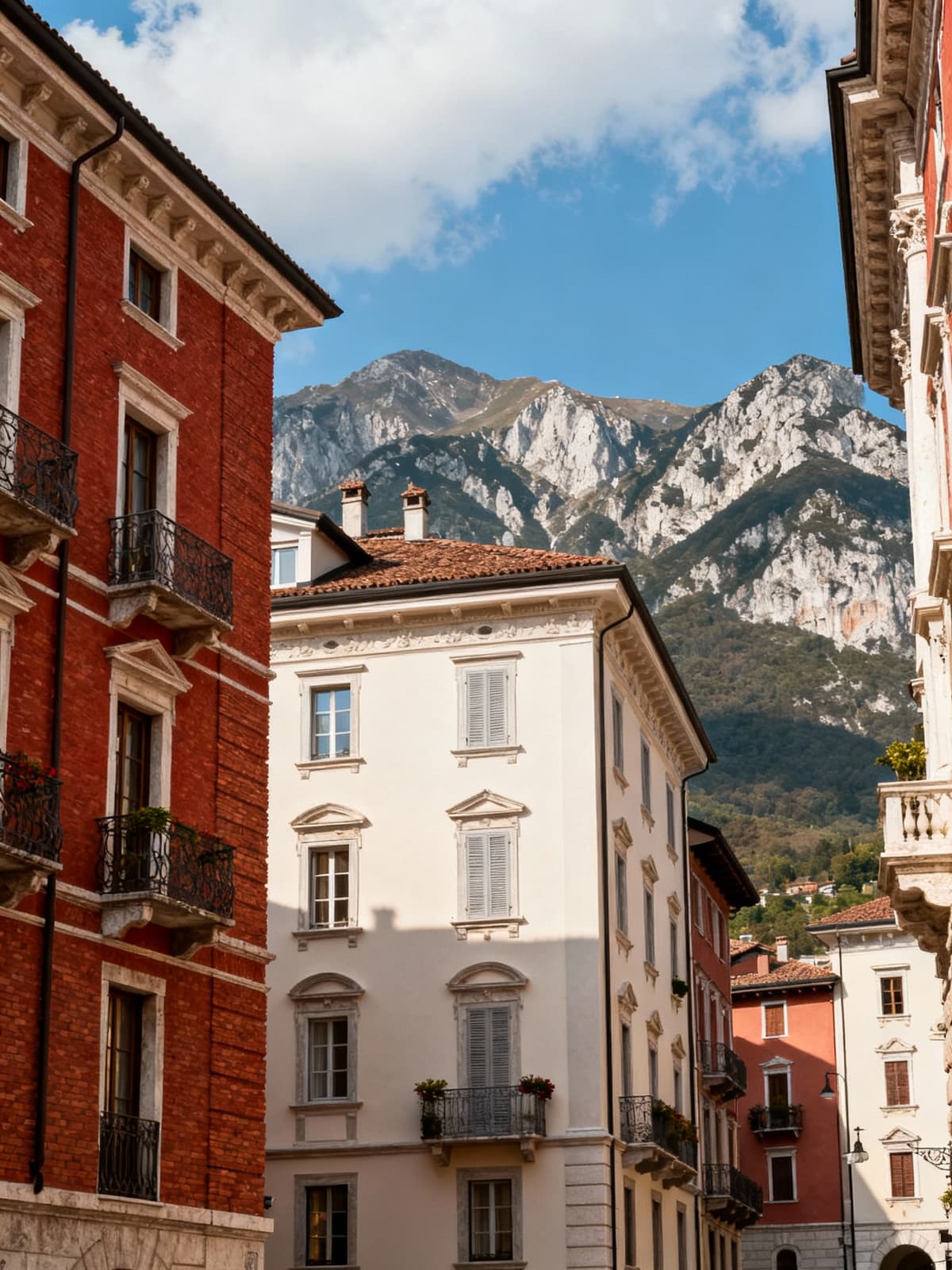 Eleganti residenze storiche a Trento, con facciate in mattoni rossi immerse in un paesaggio montano sereno.