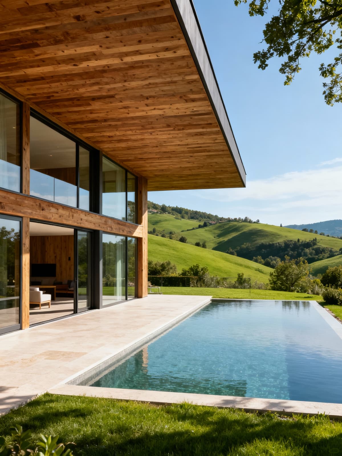 Villa di lusso nel verde del Friuli-Venezia Giulia, architettura moderna con legno e vetro, panorama sereno e tranquillo.