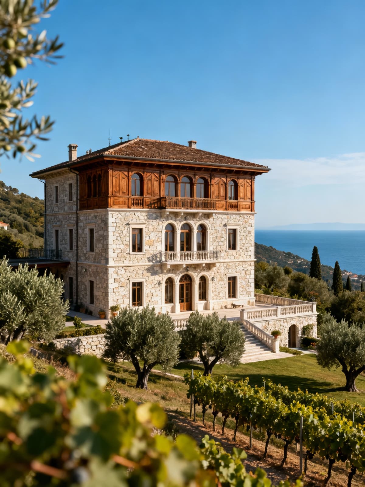 Historic villa in Trieste hills, featuring stone and wood details, surrounded by olive groves and vineyards with sea view.