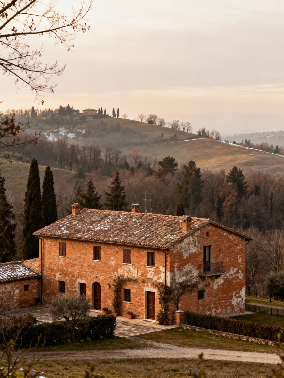 Charming rustic homes nestled in the Bologna hills, bathed in soft winter light, showcasing terracotta walls and serene surroundings.