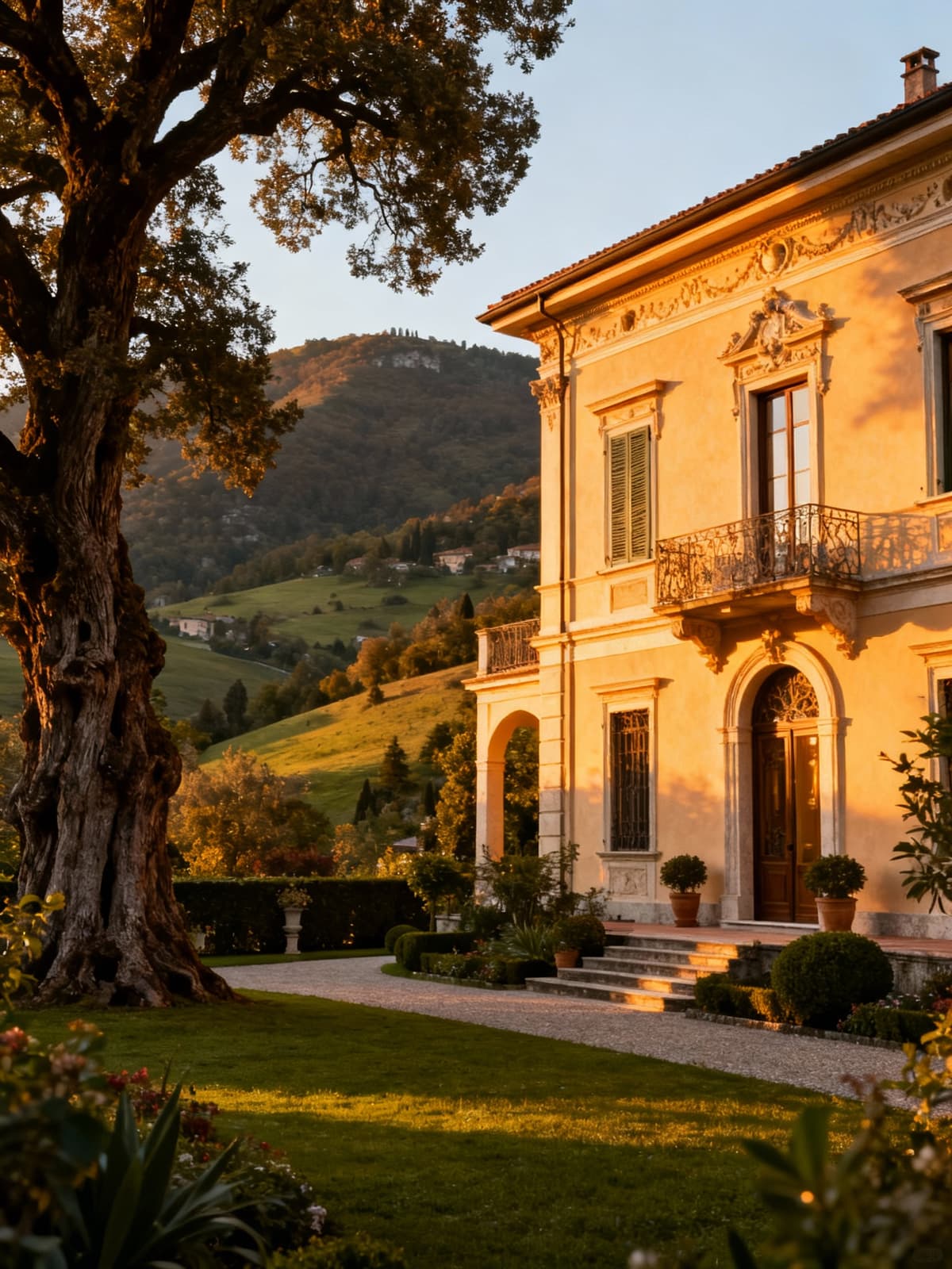 Elegant apartments in historic villas nestled among the Bergamo hills, surrounded by manicured gardens and ancient trees.