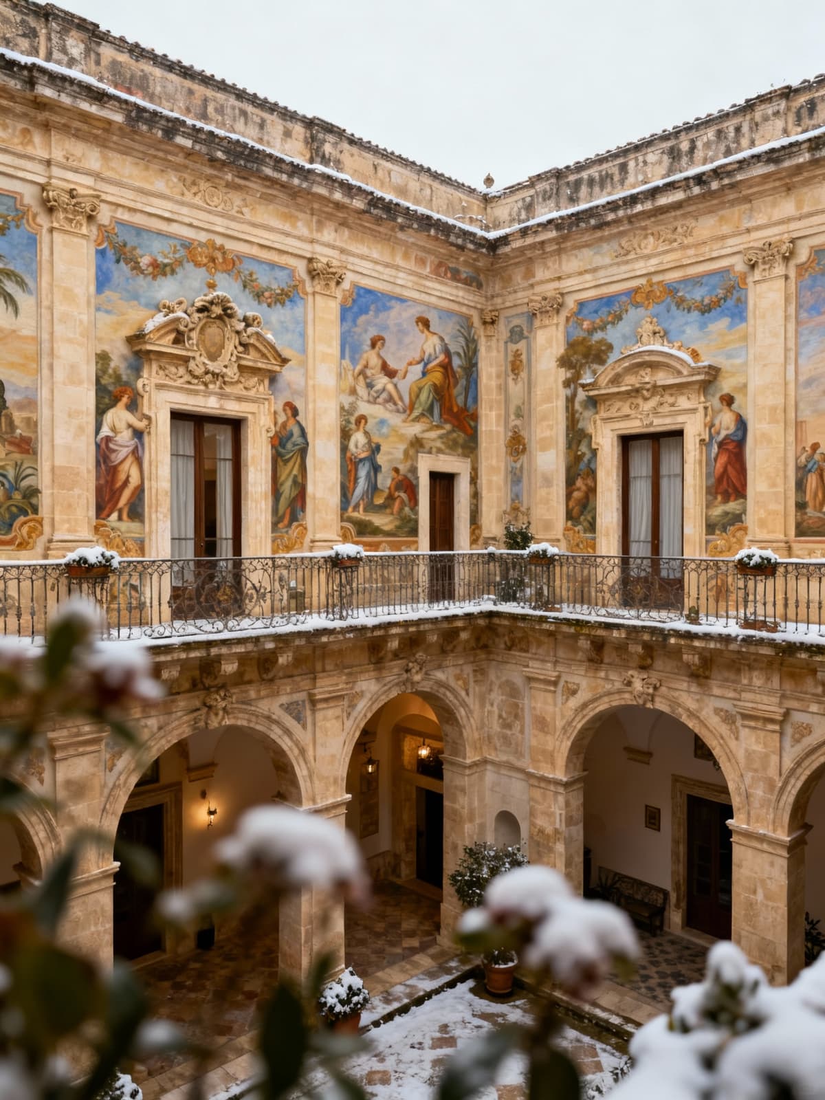 Prestigious historic buildings in the baroque heart of Ragusa, showcasing elegant frescoes and inner courtyards.