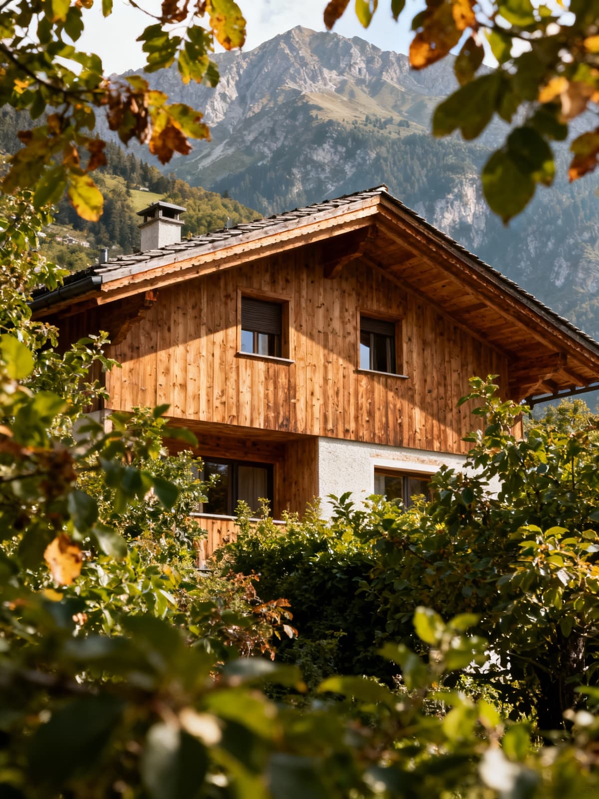Casa indipendente elegante circondata da vegetazione nel Trentino-Alto Adige, con pareti in legno e tetto a spiovente.