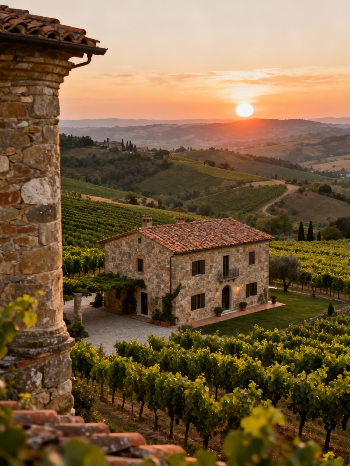 Colonica toscana in pietra circondata da vigneti, tra le colline affascinanti di Arezzo durante il tramonto.
