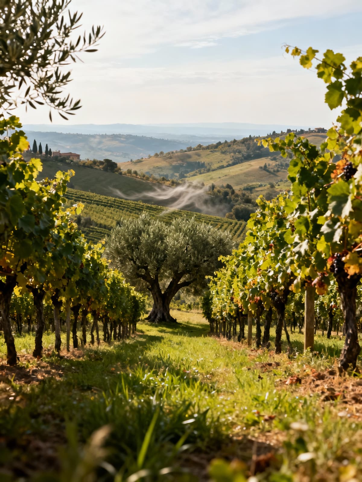 Azienda agricola di lusso tra vigneti e uliveti secolari, immerse nelle colline del Chianti, vista panoramica serena.