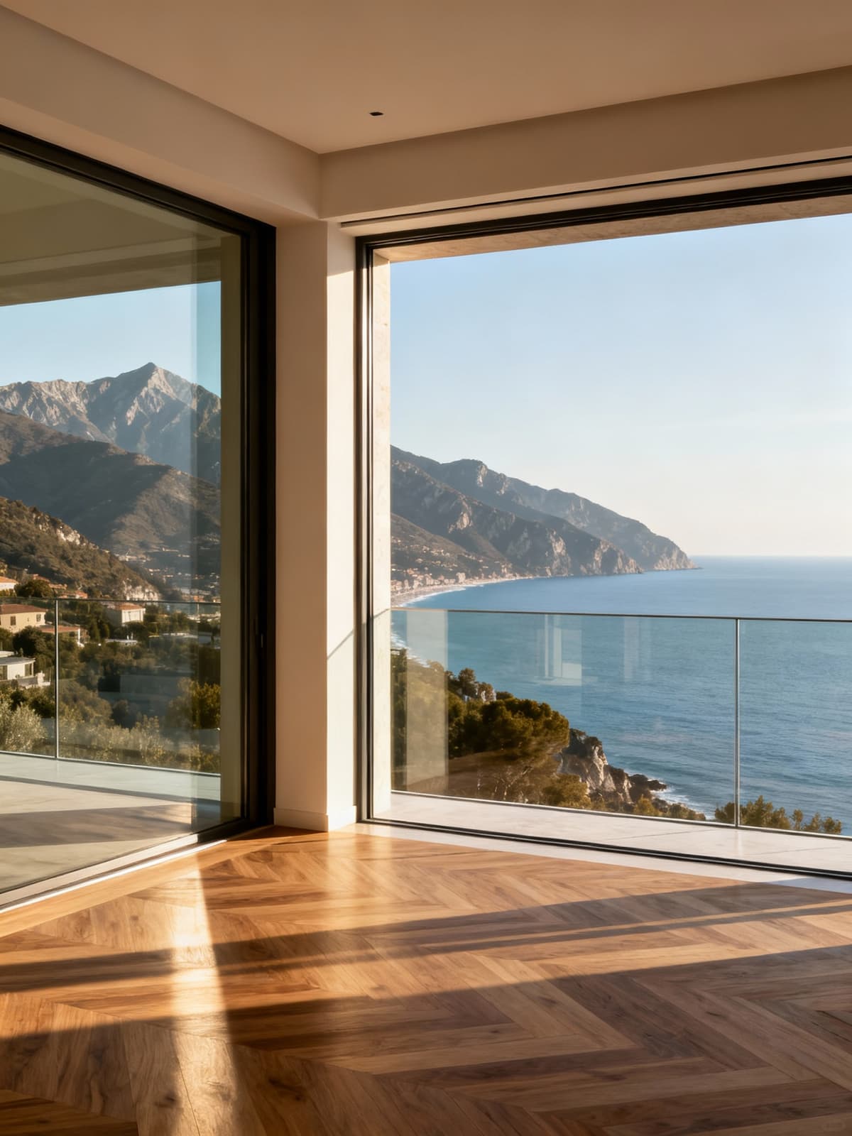 Exclusive apartment in Massa-Carrara, showcasing modern glass and wood finishes, with stunning views of the Apuan Alps and coastline.