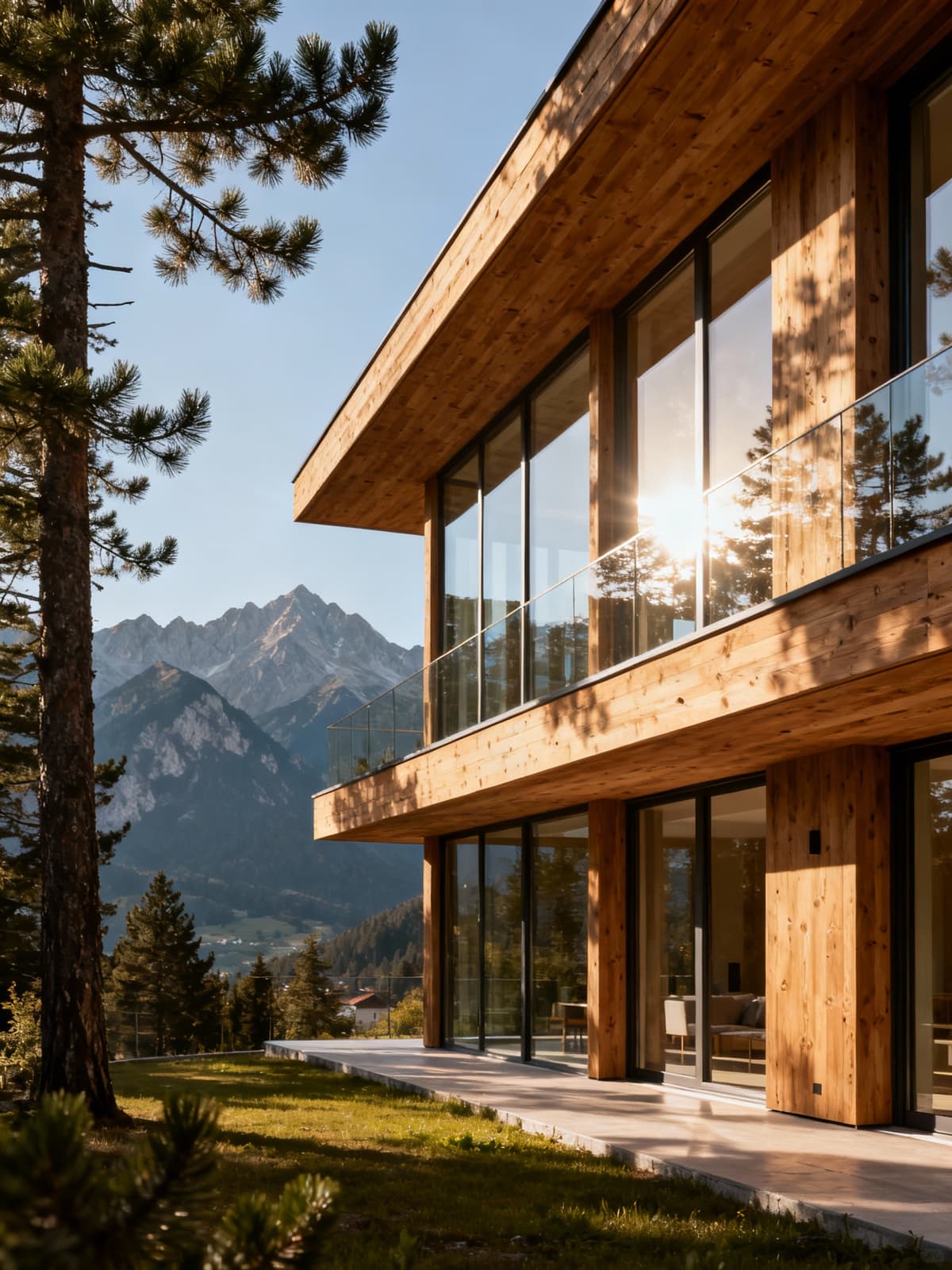 Exclusive apartments in Bolzano with wooden and glass facades, offering serene alpine views and natural beauty.