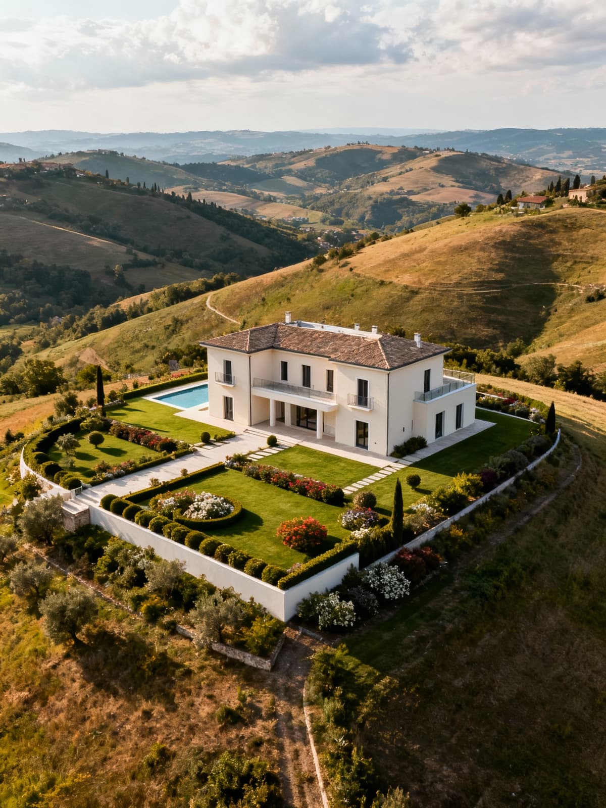 Villa di lusso con facciata chiara e giardino curato, immersa nelle colline marchigiane attorno a Fermo, vista aerea panoramica.