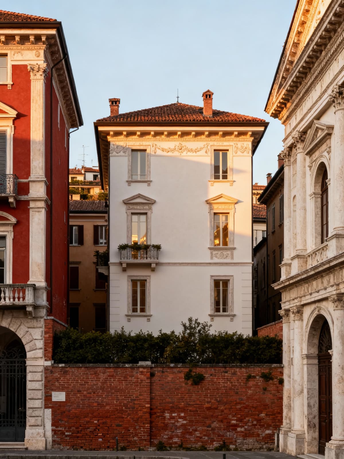 Luxury home segment in historic Brescia, showcasing elegant red bricks and light plaster, illuminated by soft afternoon light.