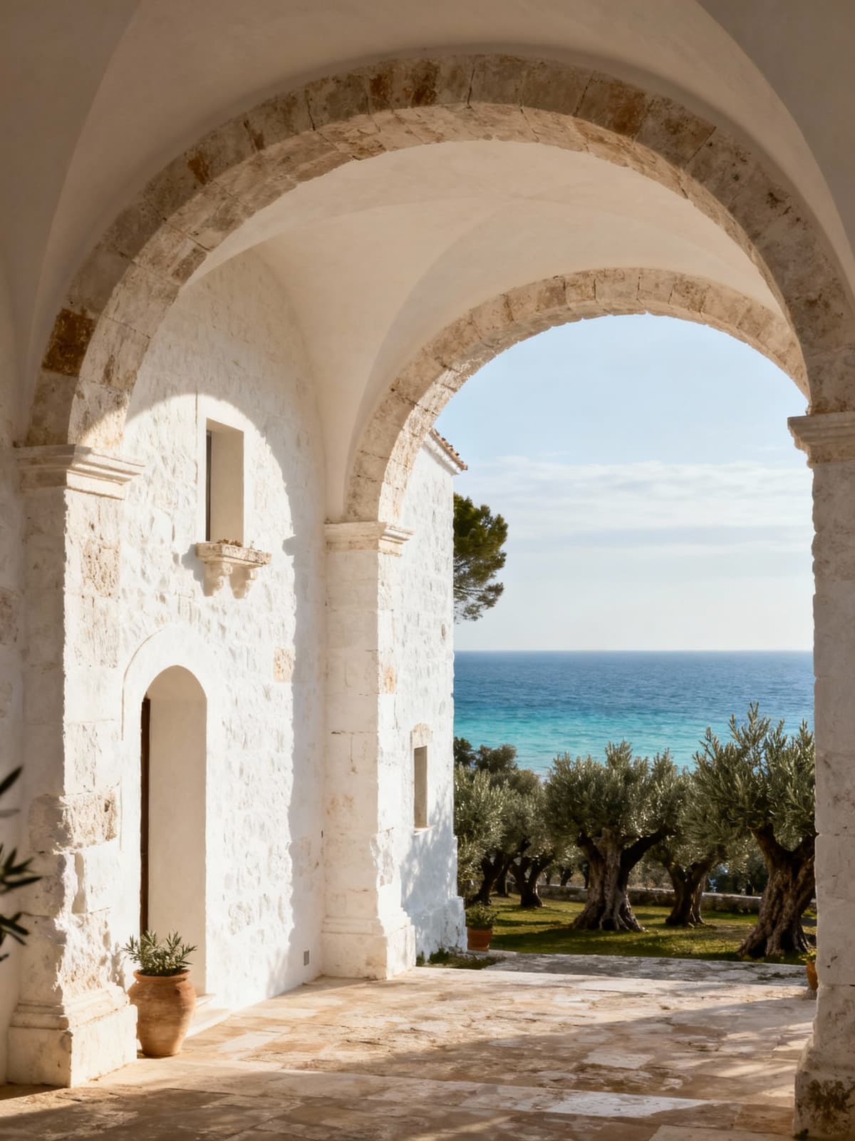 Rustic vintage property nestled among ancient olive trees with the crystal sea of Brindisi, illuminated by soft winter light.