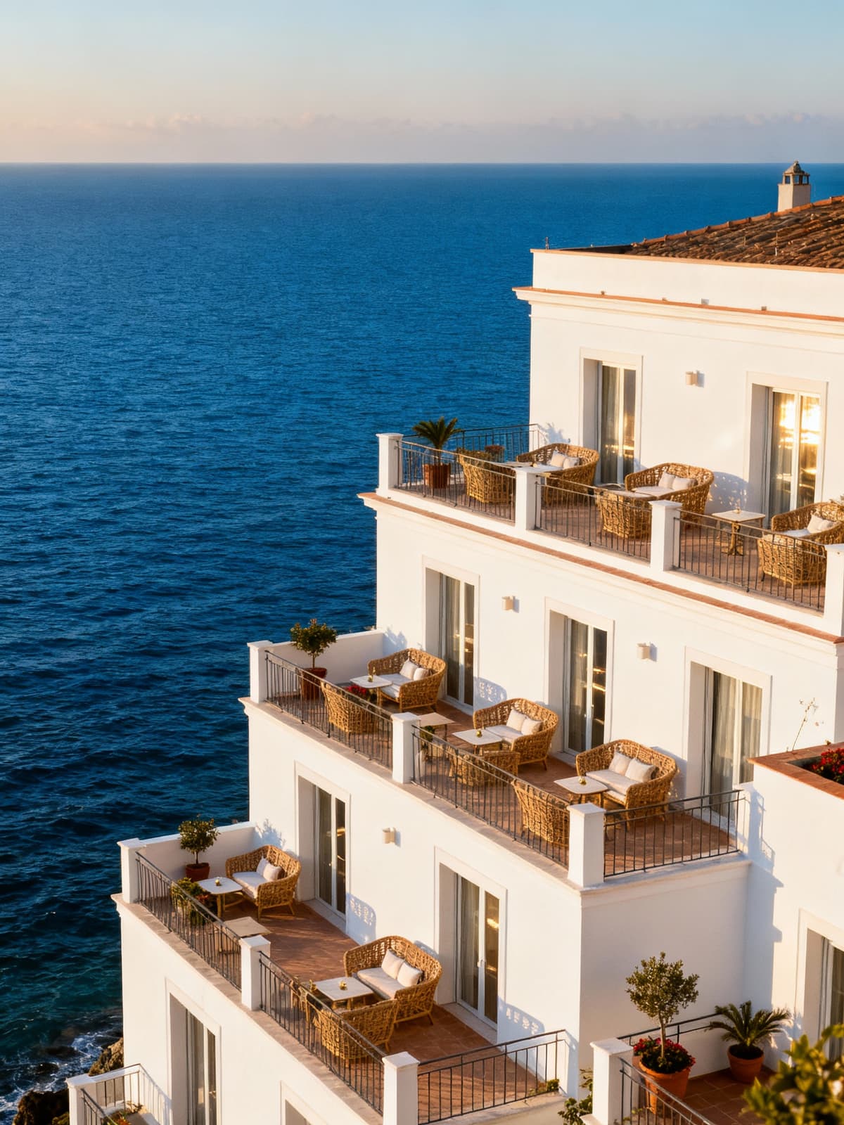 Alberghi di lusso sulla costa livornese, terrazzi in rattan, facciate bianche e mare cristallino in un'atmosfera accogliente.