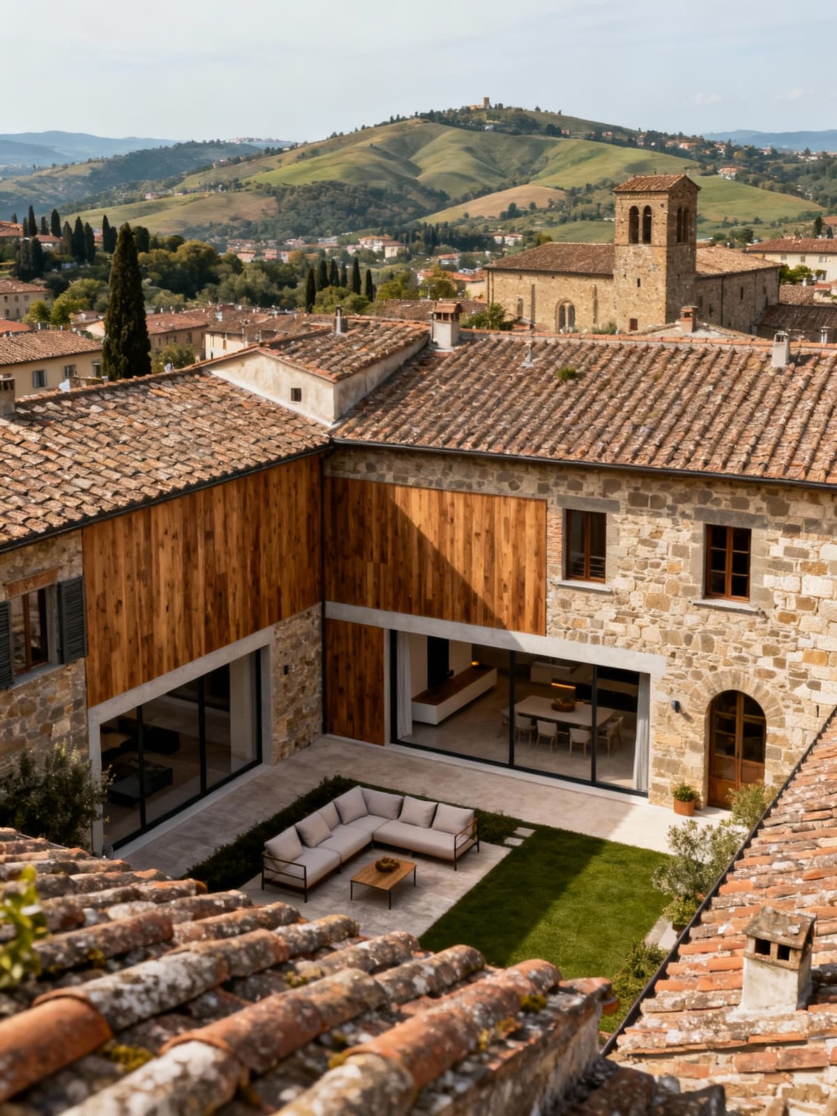 Terratetti esclusivi a Prato, un equilibrio tra storia toscana e design moderno, materiali caldi e vista sui colli.
