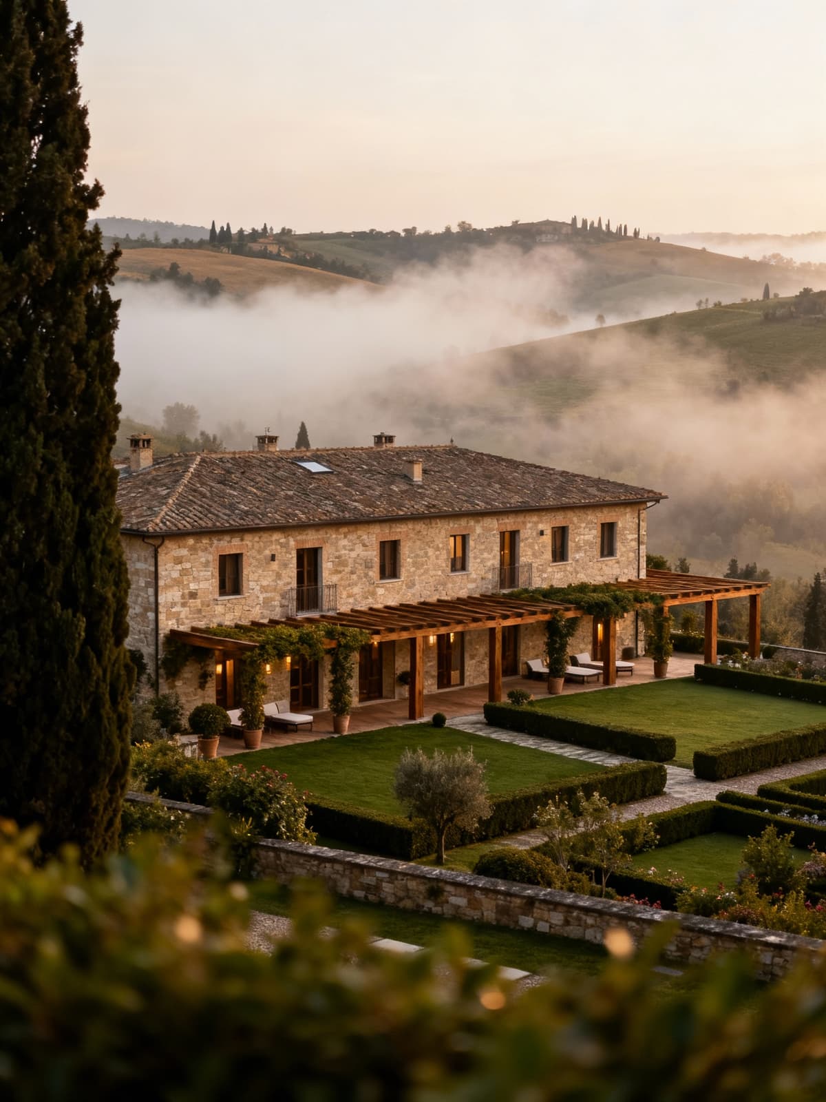 Albergo di lusso a Perugia tra colline umbre, elegante architettura in pietra e legno, giardino curato e leggera nebbiolina.