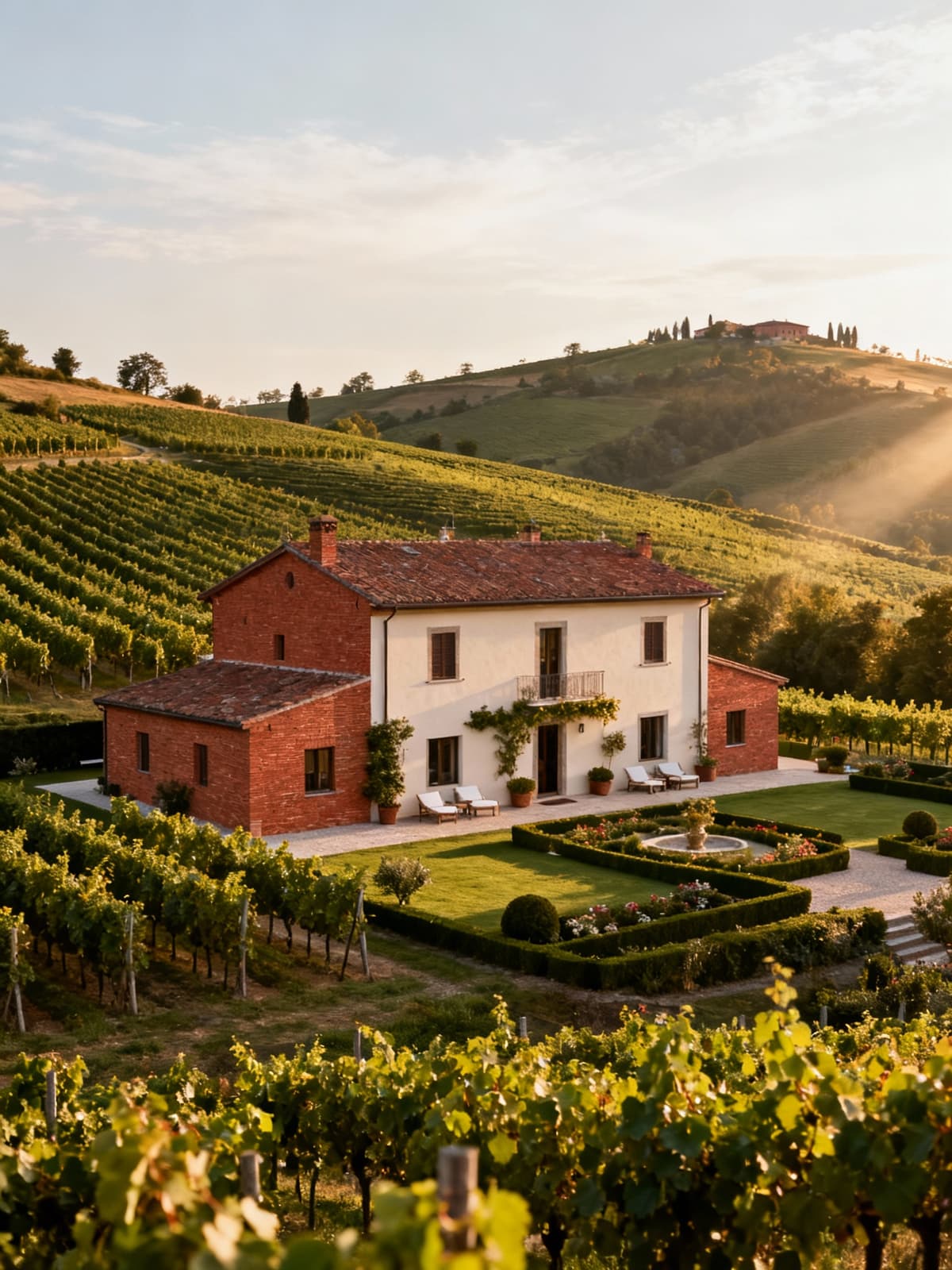 Luxury farmhouse in Monferrato hills surrounded by vineyards, showcasing natural beauty and serene atmosphere in afternoon light.
