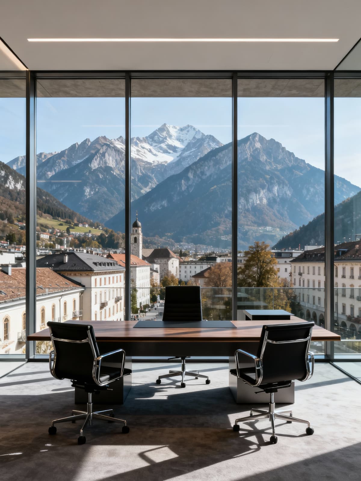Prestigious office in Bolzano framed by stunning Trentino-Alto Adige Alps, showcasing modern glass and steel design.
