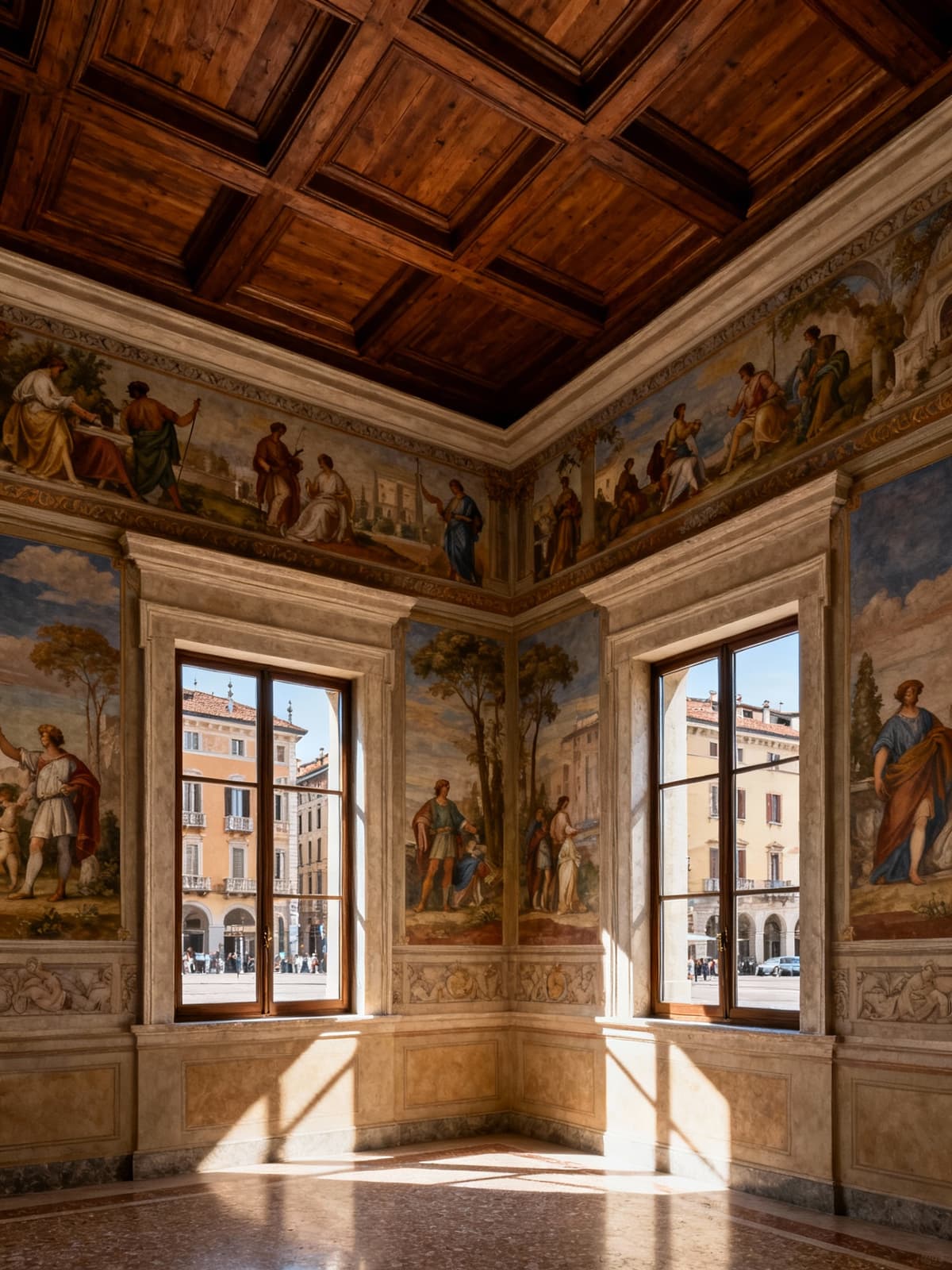 Elegant villa overlooking a historic square in Lombardy, featuring frescoes, wooden coffered ceilings, and natural light.