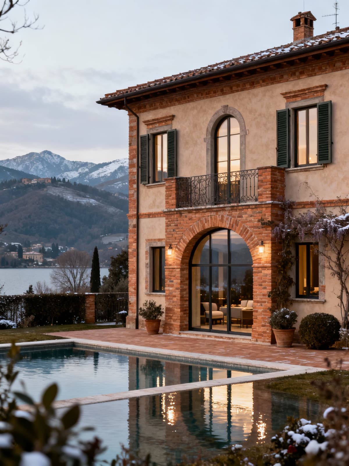 Ville di lusso con vista sui laghi toscani, immersa nella natura, architettura in cotto e vetro illuminata da luce invernale.