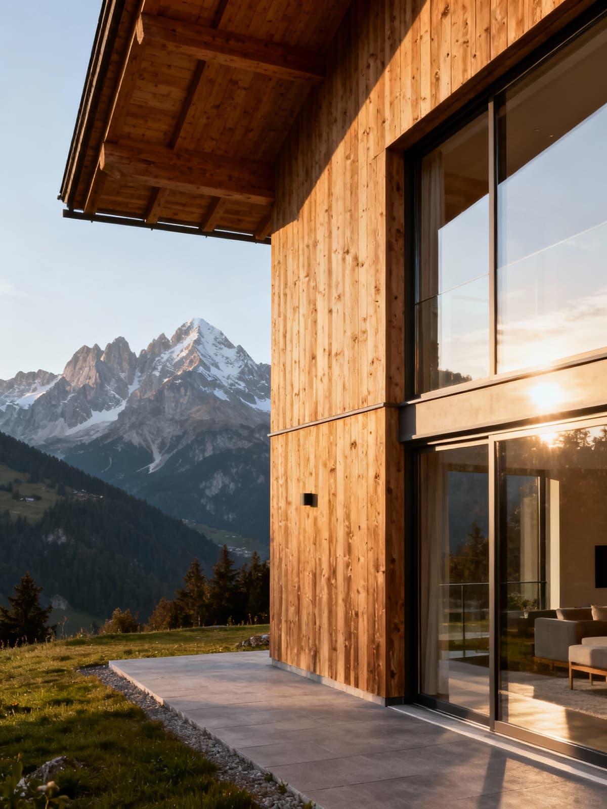 Appartamenti di lusso nel Trentino-Alto Adige con vista sulle vette alpine e facciate in legno e vetro, circondati da un paesaggio sereno.