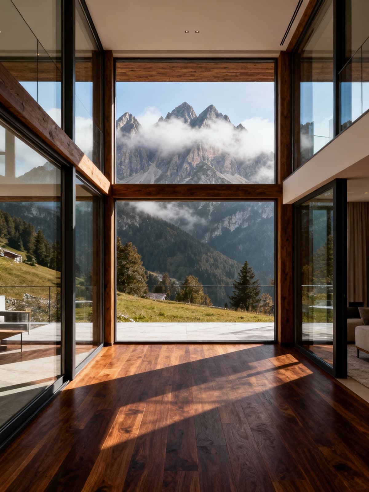 Luxury apartments nestled amidst the majestic peaks of Trentino-Alto Adige, featuring large windows and dark wood floors.
