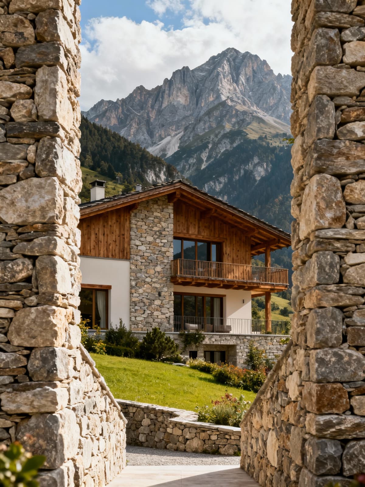 Prestigious villas nestled amid the majestic mountains of Trentino-Alto Adige, showcasing natural stone and wood architecture.
