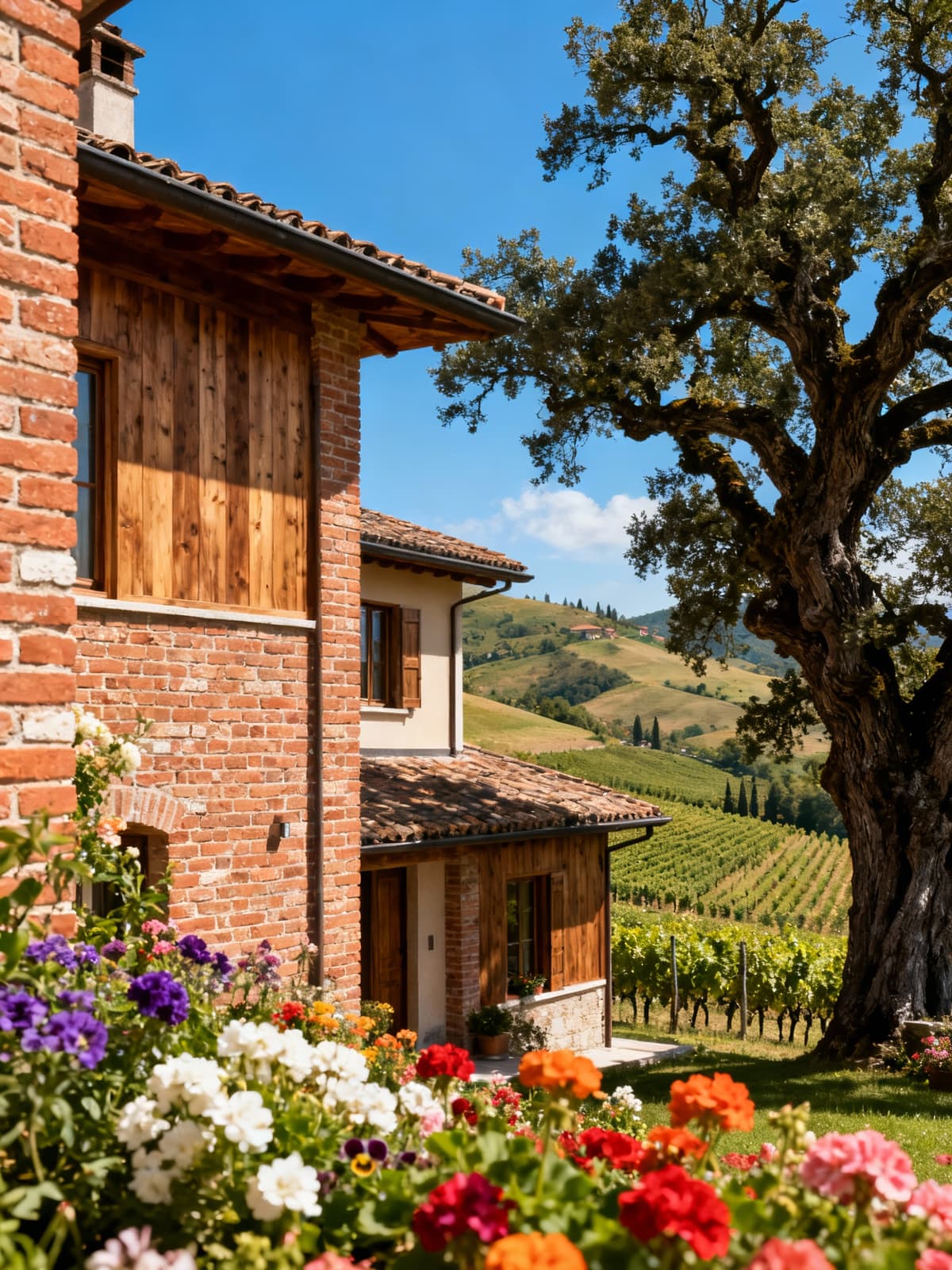 Charming countryside home sections in Brescia, nestled among rolling hills and vineyards, surrounded by flowers and ancient trees.