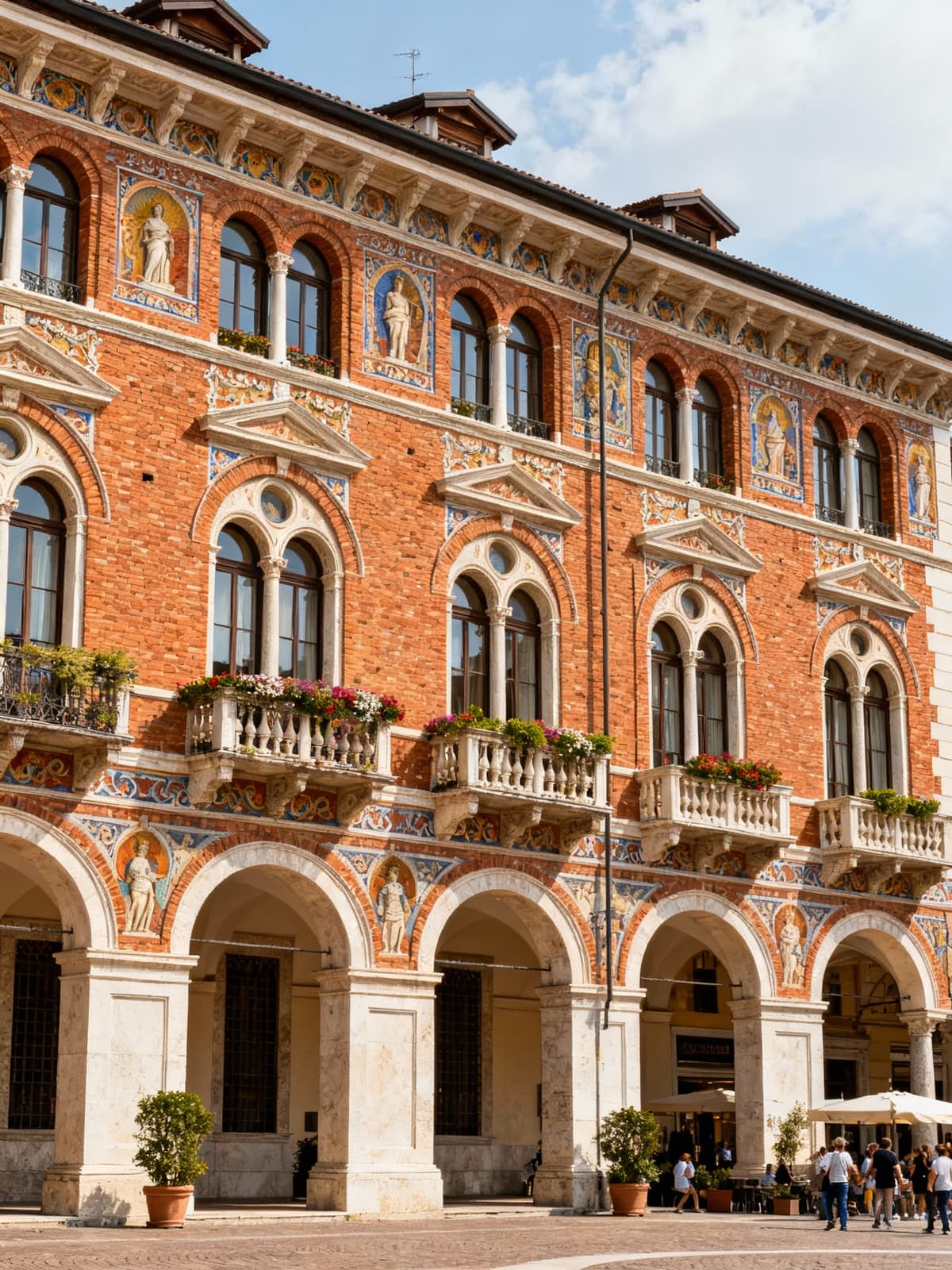 Historic buildings and luxury residences in Brescia, featuring ornate brick architecture and arched windows in a vibrant piazza.