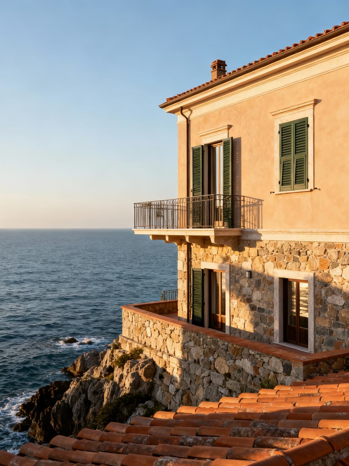 Independent coastal homes in Livorno, Tuscany, featuring terracotta architecture and spacious terraces bathed in morning light.