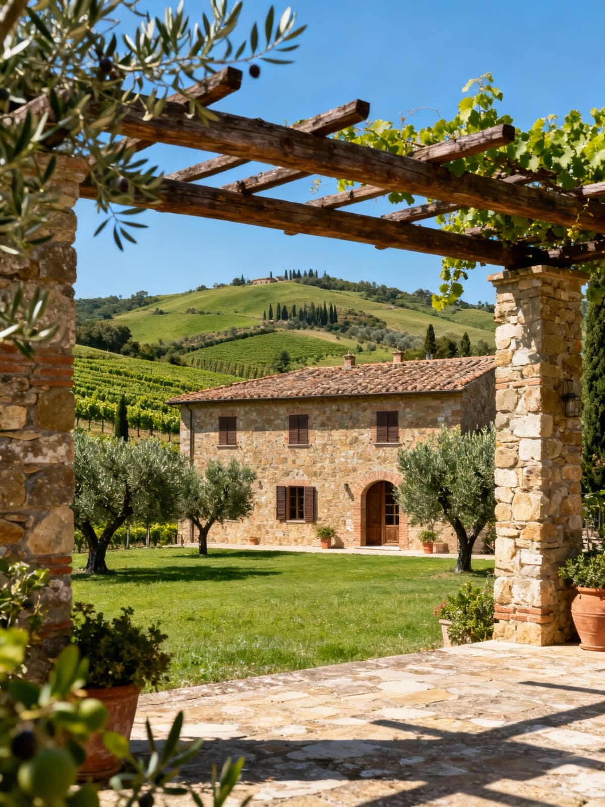 Charming Tuscan farmhouse in Arezzo countryside, surrounded by olive groves and vineyards under a clear sky.